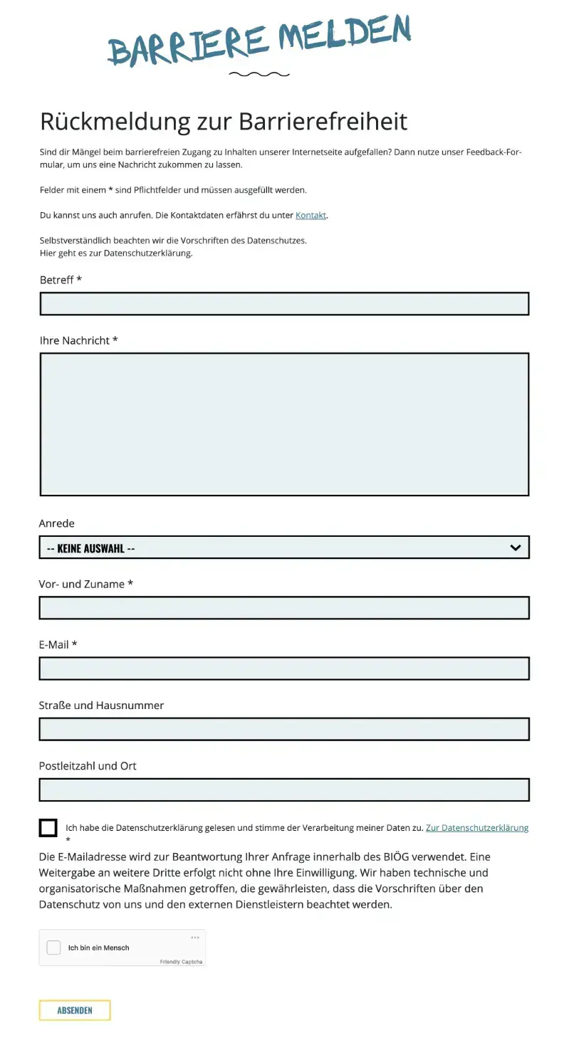 Ansicht Formular R&uuml;ckmeldung zur Barrierefreiheit