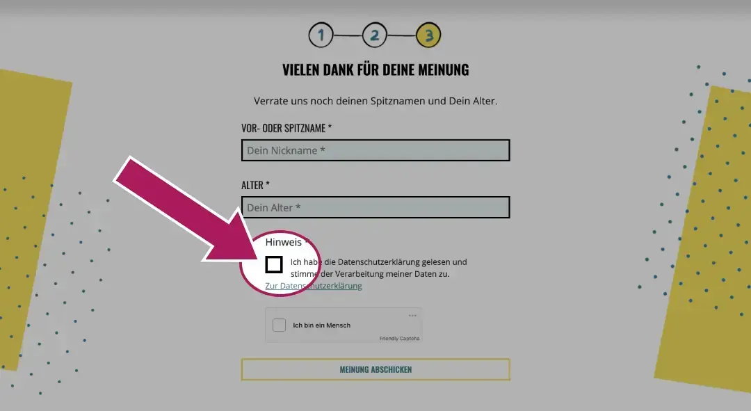 Screenshot: Meinung mit Markierung auf Kasten f&uuml;r Datenschutz