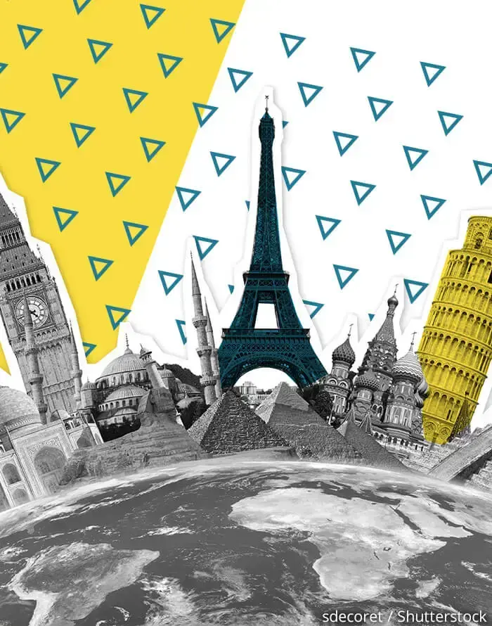 Verschiedene Sehensw&uuml;rdigkeiten als Foto-Collage (Eiffelturm, Schiefer Turm von Pisa, Freiheitsstatue usw.)