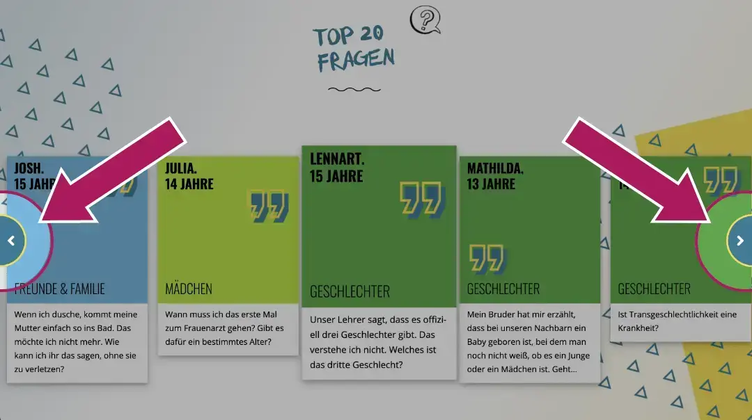 Screenshot: Ansicht Top 20 Fragen mit Pfeilen auf Navigationsbuttons