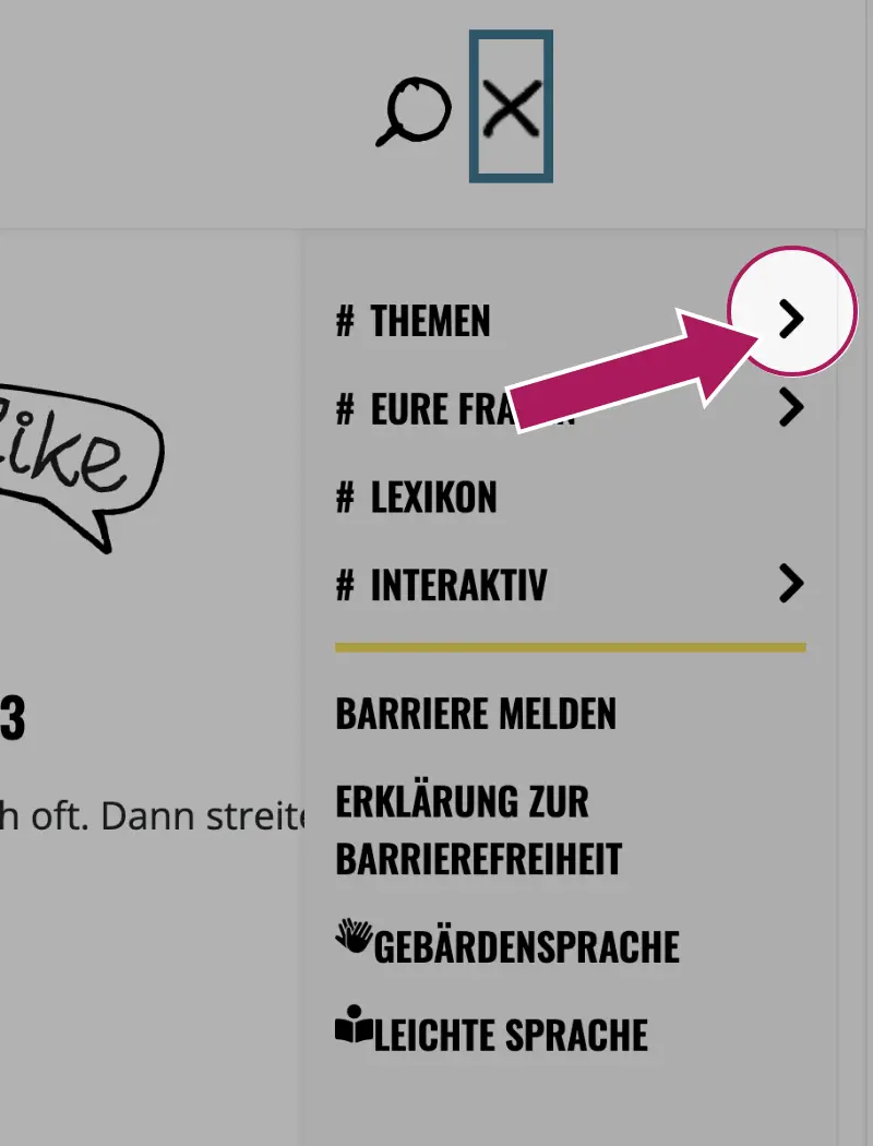 Menue ausgeklappt Pfeile