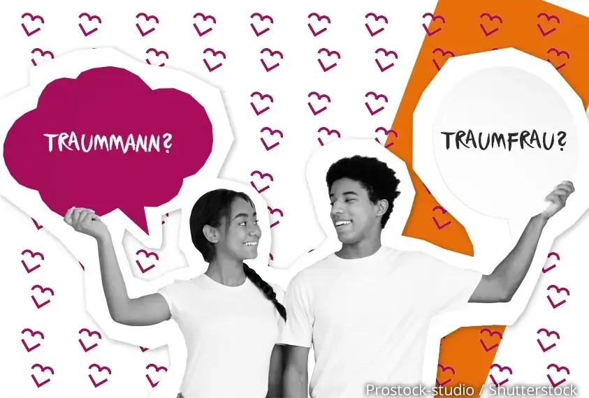 M&auml;dchen und Junge mit Gedankenblase Traumfrau/ Traummann