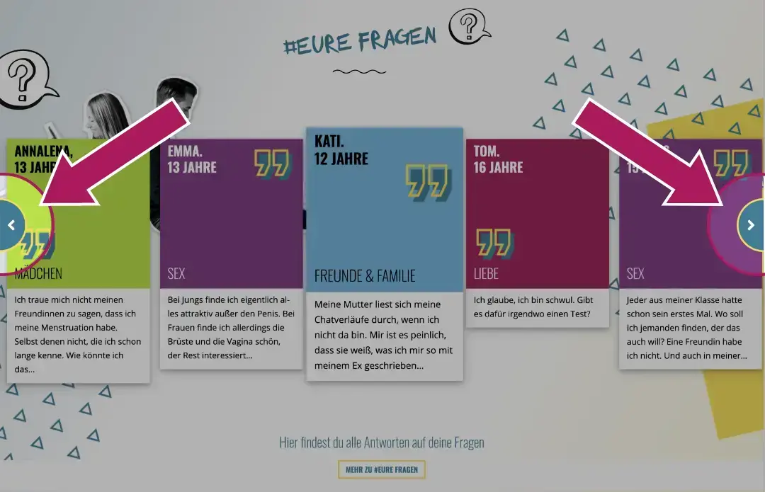 Screenshot: Ansicht Eure Fragen mit Pfeilen auf Navigationsbuttons