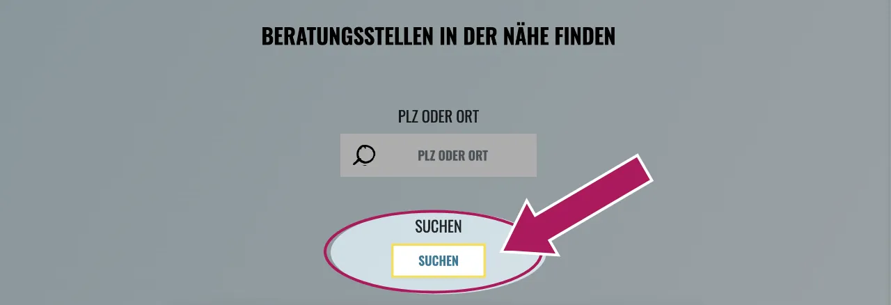 Screenshot Beratungsstelle finden mit Pfeil auf markiertes Suchen-Feld