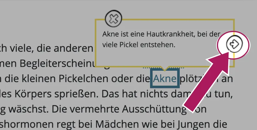 Screenshot eines Tooltips mit Pfeil auf Pfeilbutton mit Link zum Lexikon.