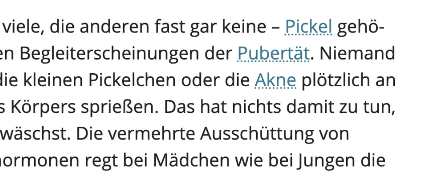 Screenshot eines Textausschnitts mit Lexikonbegriffen Akne, Pickel und Pubert&auml;t.