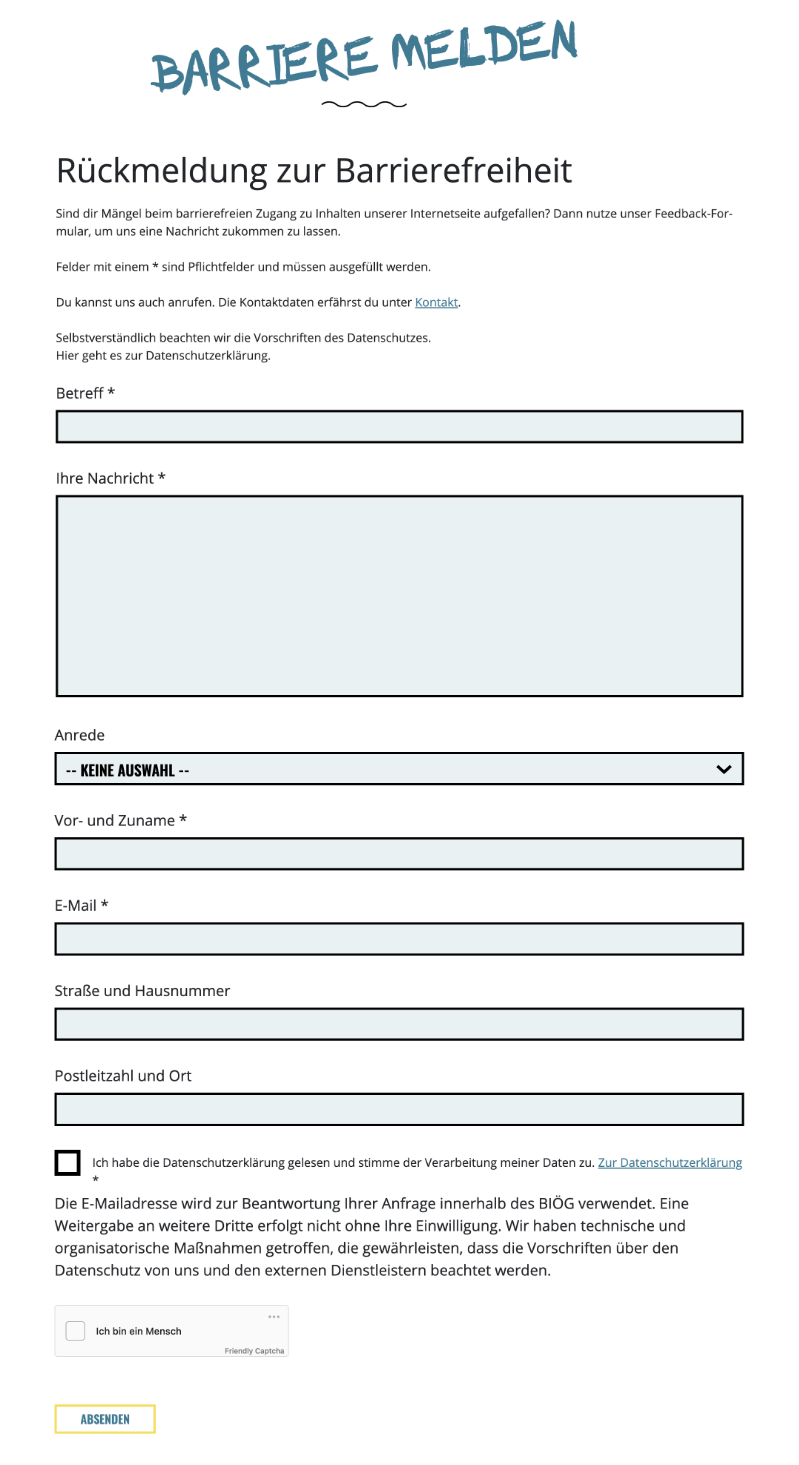 Ansicht Formular Rückmeldung zur Barrierefreiheit
