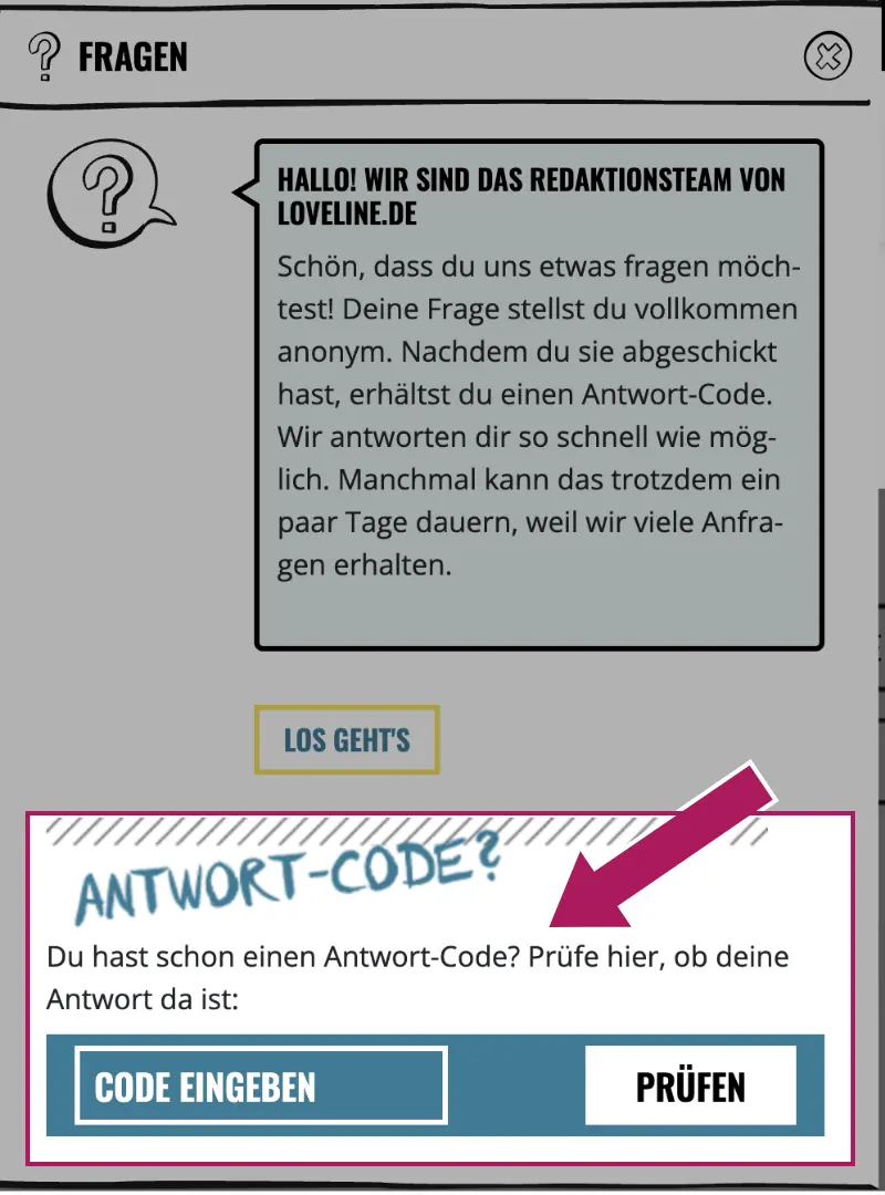 Screenshot mit markiertem Bereich Antwort-Code