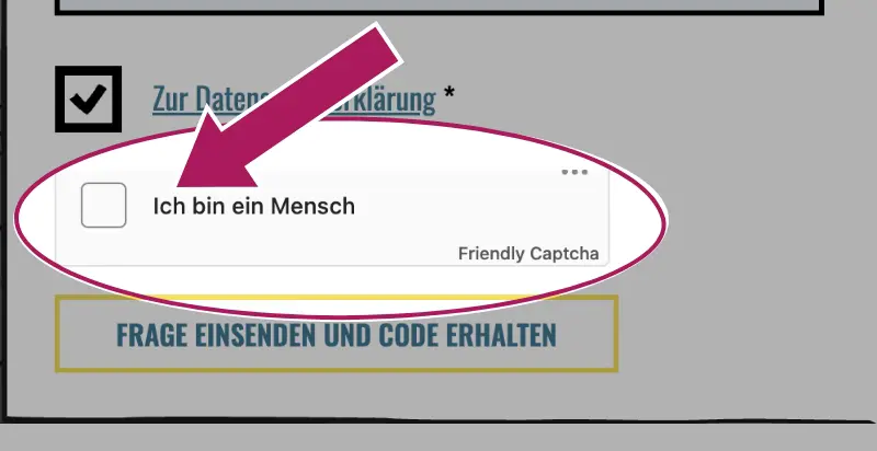 Screenshot Frage einsenden-Formular mit Markierung auf "Ich bin ein Mensch"