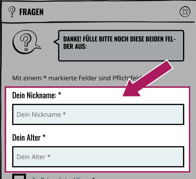 Screenshot Frage einsenden mit markiertem Bereich f&uuml;r Nickname und Alter