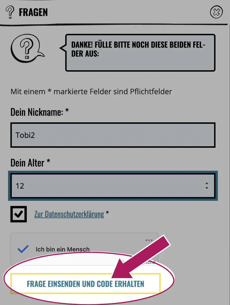 Screenshot: Frage einsenden mit Markierung und Pfeil auf Button