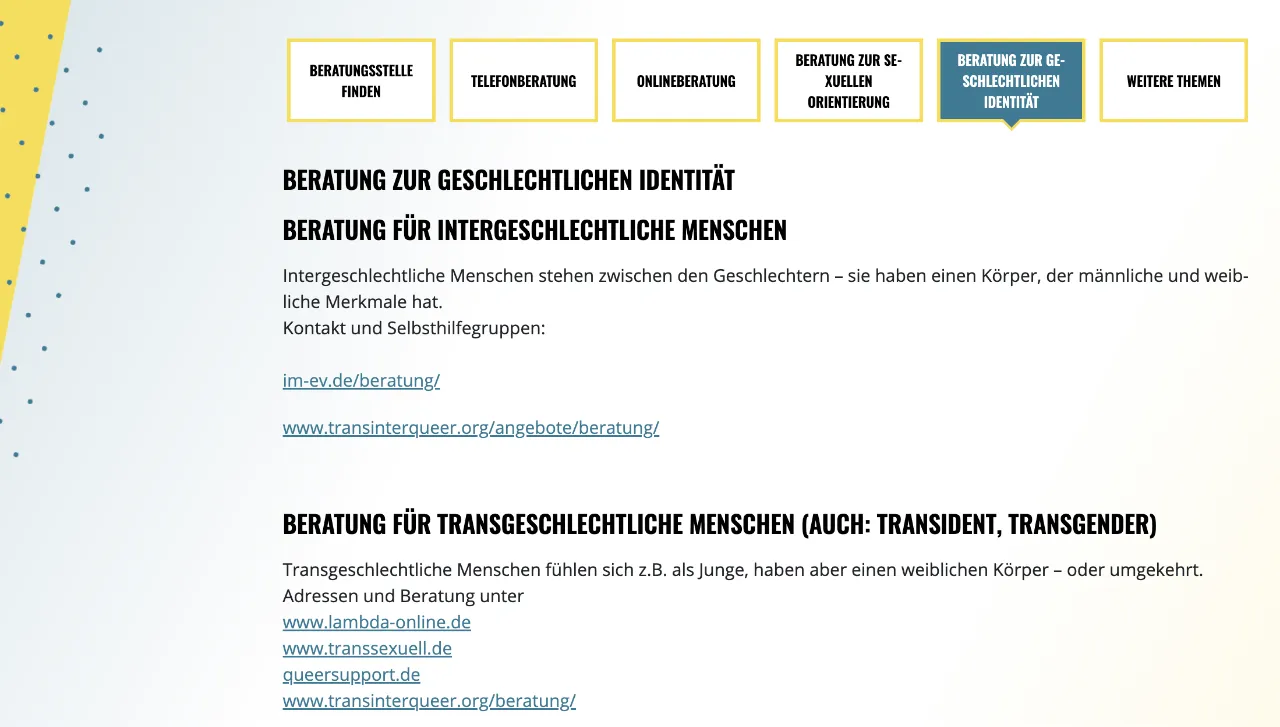 Screenshot der Seite Beratung f&uuml;r geschlechtliche Identit&auml;t