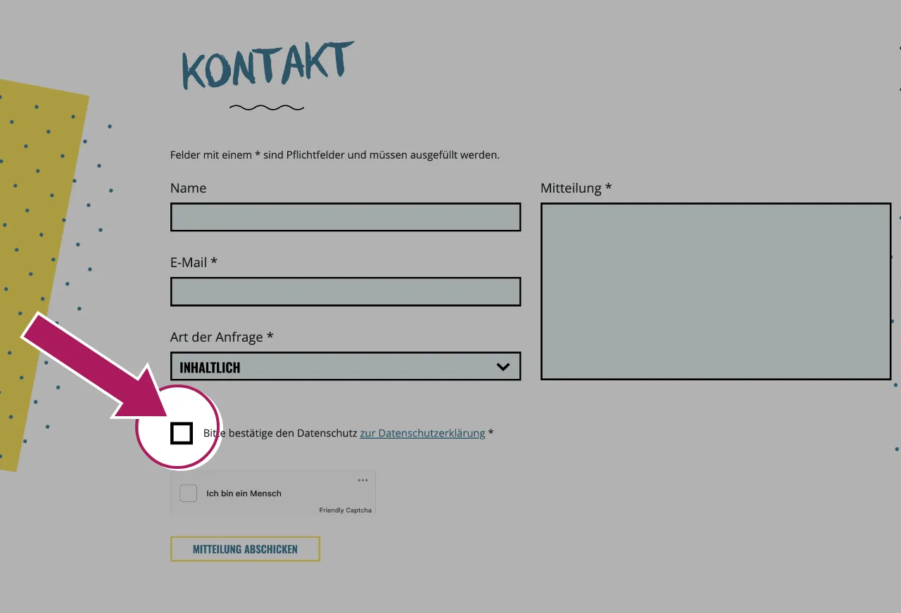 Screenshot Kontaktformular mit Pfeil auf Kasten f&uuml;r Datenschutz