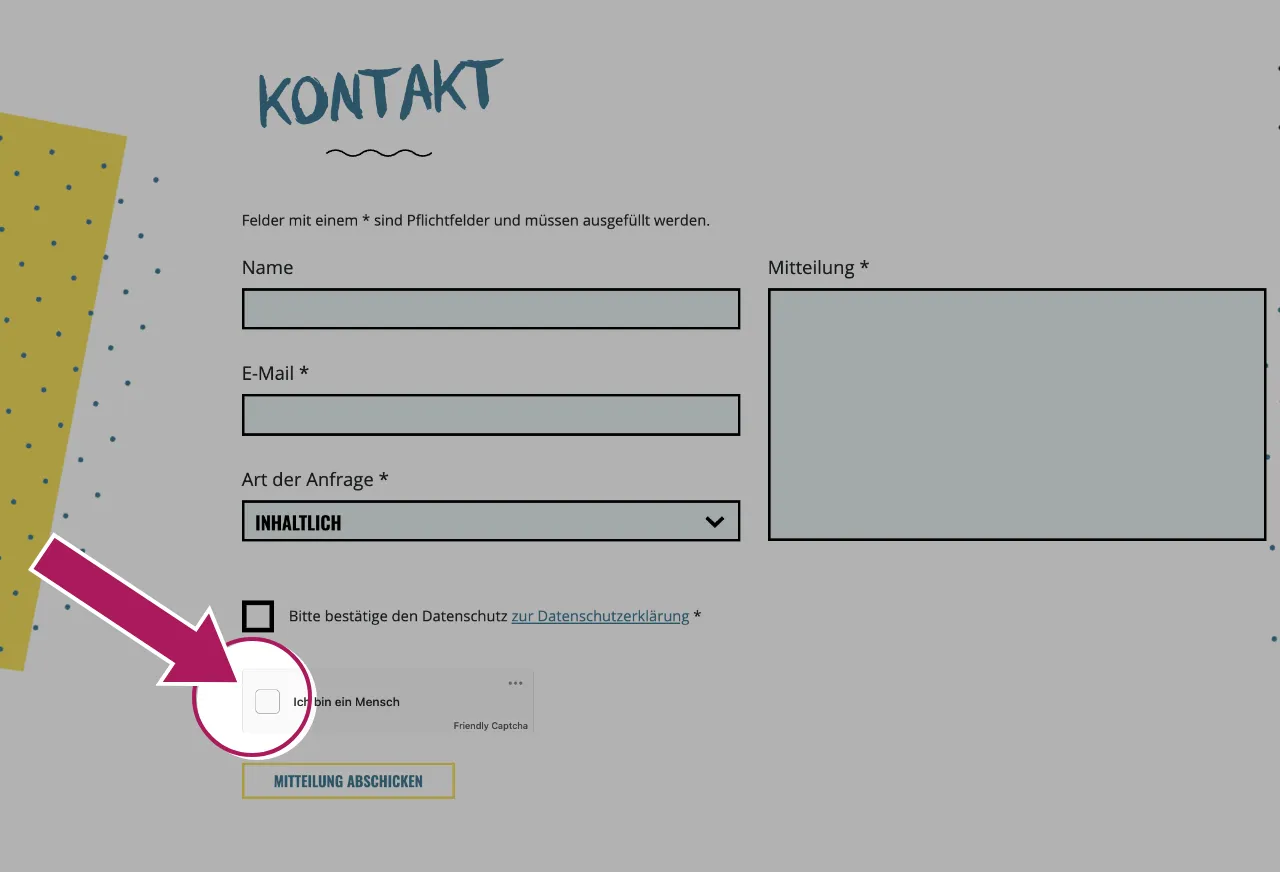 Screenshot Kontaktformular mit Pfeil auf Kasten "ich bin ein Mensch"