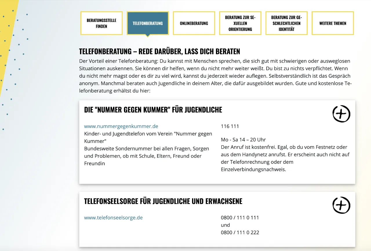 Screenshot der Seite Telefon-Beratung