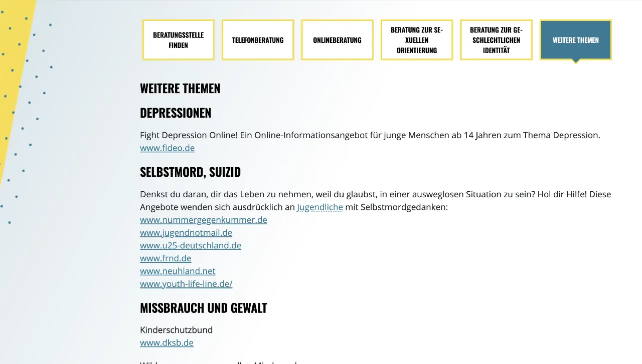 Screenshot der Seite Beratung zu Weitere Themen