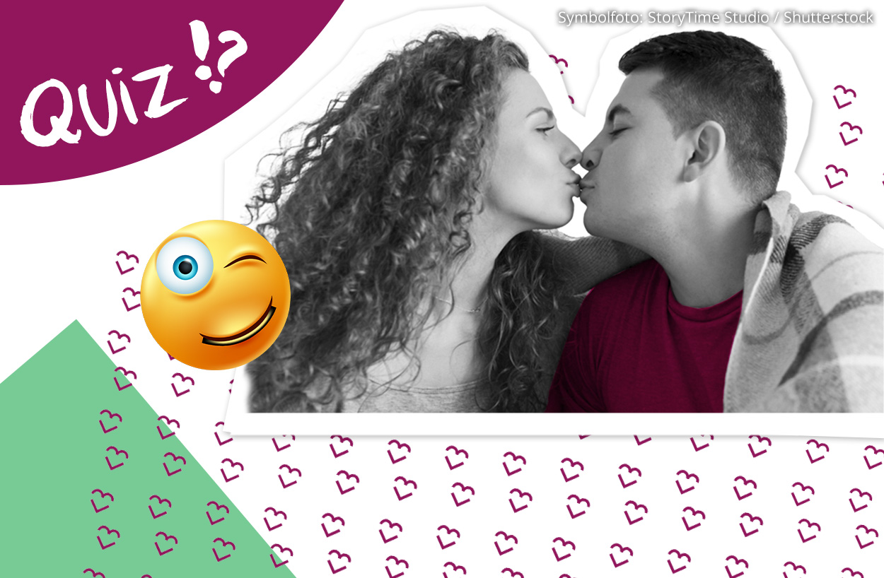 Bild mit Text "Quiz !?" und daneben ein Mädchen mit lockigen Haaren, das einen Jungen mit kurzen Haaren küsst.