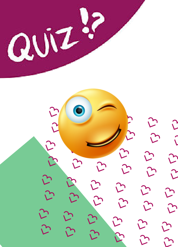 Bild mit Text Quiz!? und einem zwinkernden Smilie mit Herzchen im Hintergrund