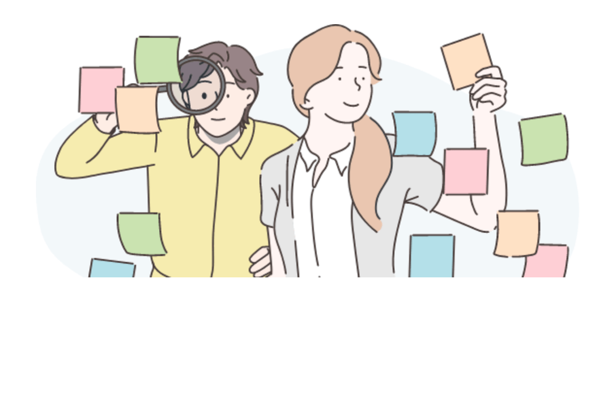 Illustration: Zwei Personen  - eine schaut durch eine Lupe. Um sie herum viele bunte Zettel  