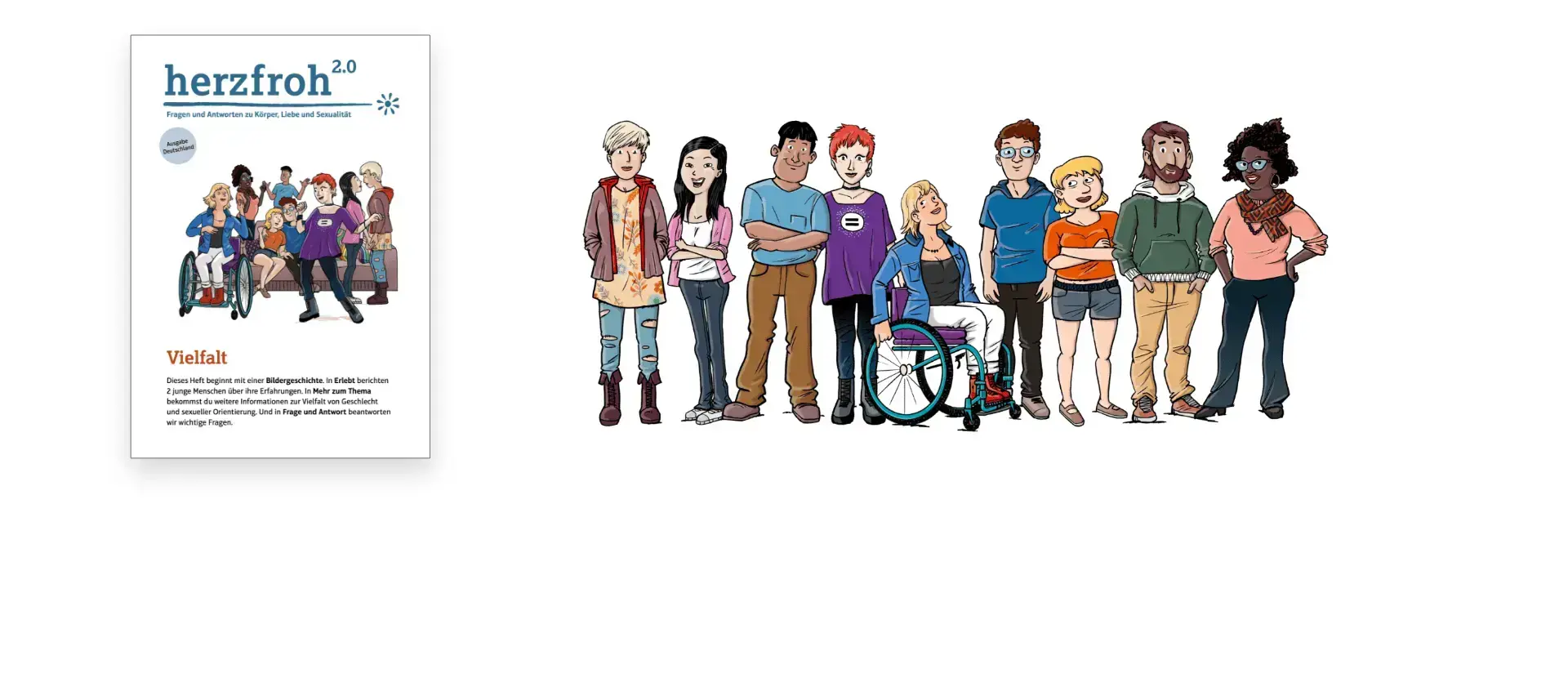 Titelbild herzfroh Themenheft Vielfalt und daneben die Gruppe der herzfroh Charaktere