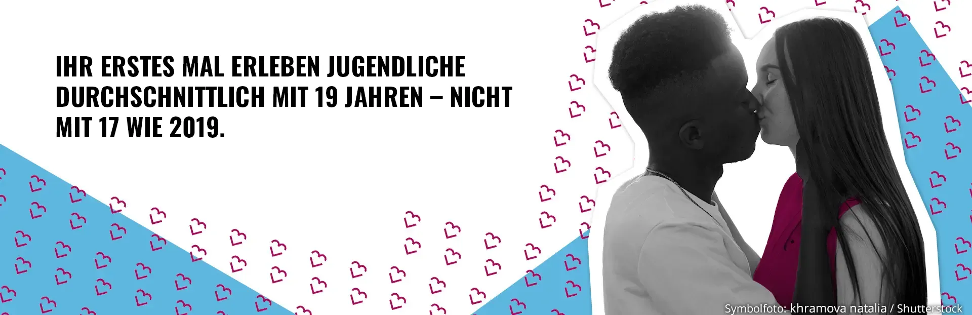 Zwei sich k&uuml;ssenden Personen. Daneben schwarzer Text: Ihr erstes Mal erleben Jugendliche  durchschnittlich mit 19 Jahren &ndash; nicht mit 17 wie 2019.