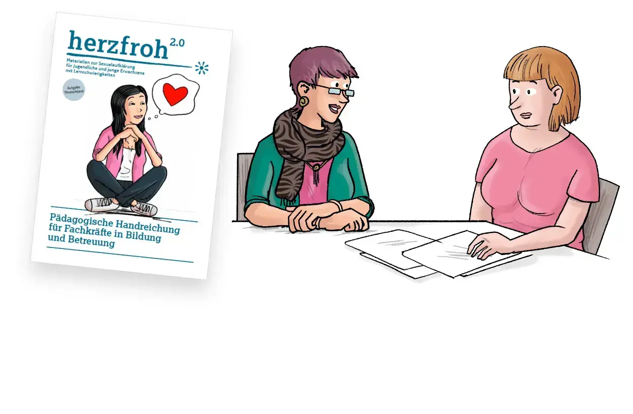 Illustration: Titelbild &ndash; P&auml;dagogische Handreichung, daneben zwei Frauen im Gespr&auml;ch.