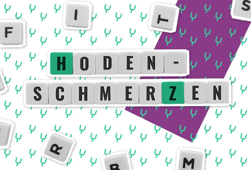 Illustration: Wort &sbquo;Hodenschmerzen&lsquo; als Tastatur-Kacheln