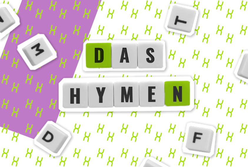 Illustration: Wort ‚Hymen‘ als Tastatur-Kacheln – Einstieg in die Erklärung des Hymens