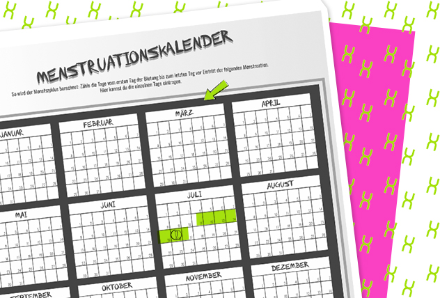 Menstruationskalender mit farblich markierten Tagen